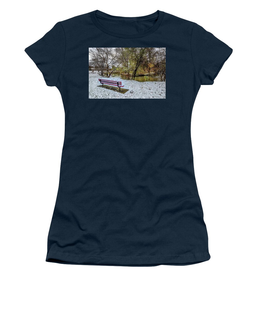 Fall Women's T-Shirt featuring the photograph Snowy Bench on the Clinton River DSC_0835 by Michael Thomas