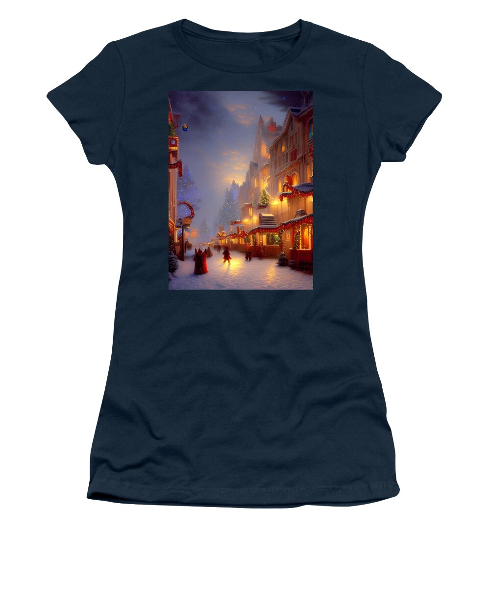 Digital Christmas Snow Shopping Women's T-Shirt featuring the digital art Snowy Christmas Shopping by Beverly Read