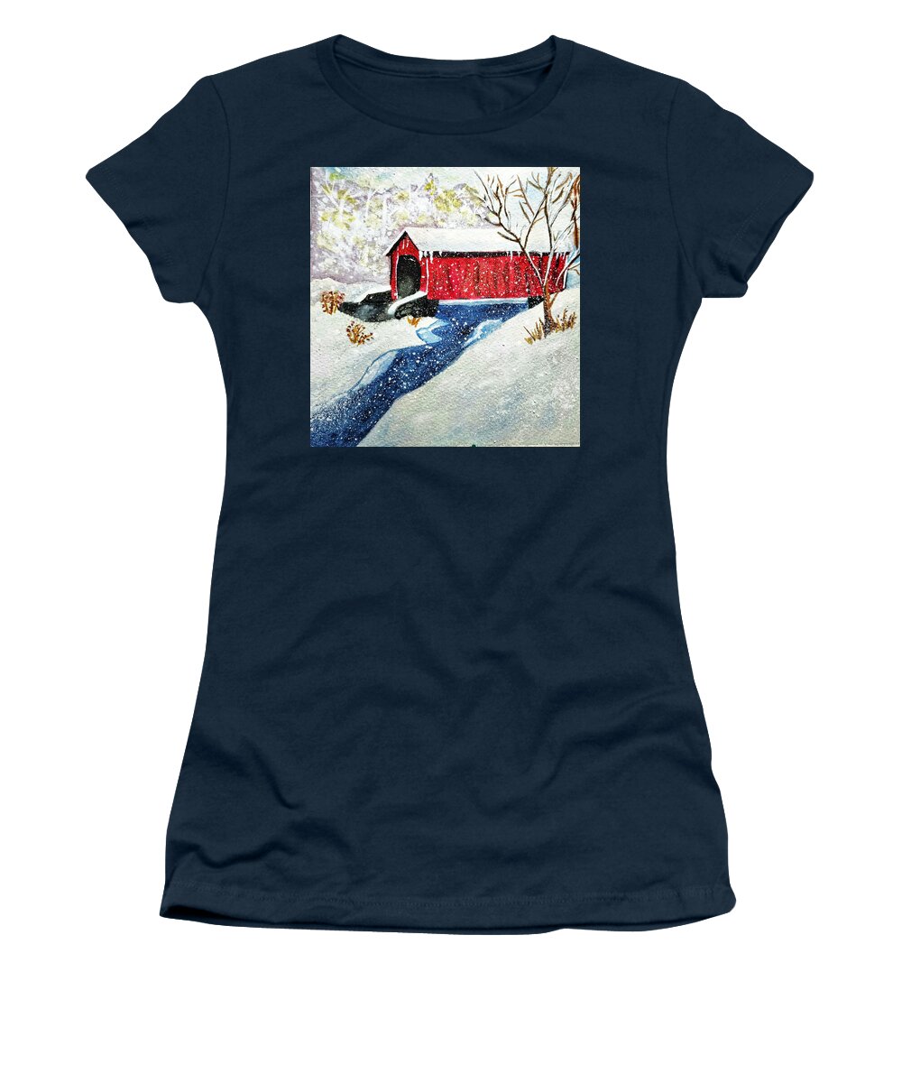 Snowy Women's T-Shirt featuring the painting Snowy Covered Bridge by Shady Lane Studios-Karen Howard