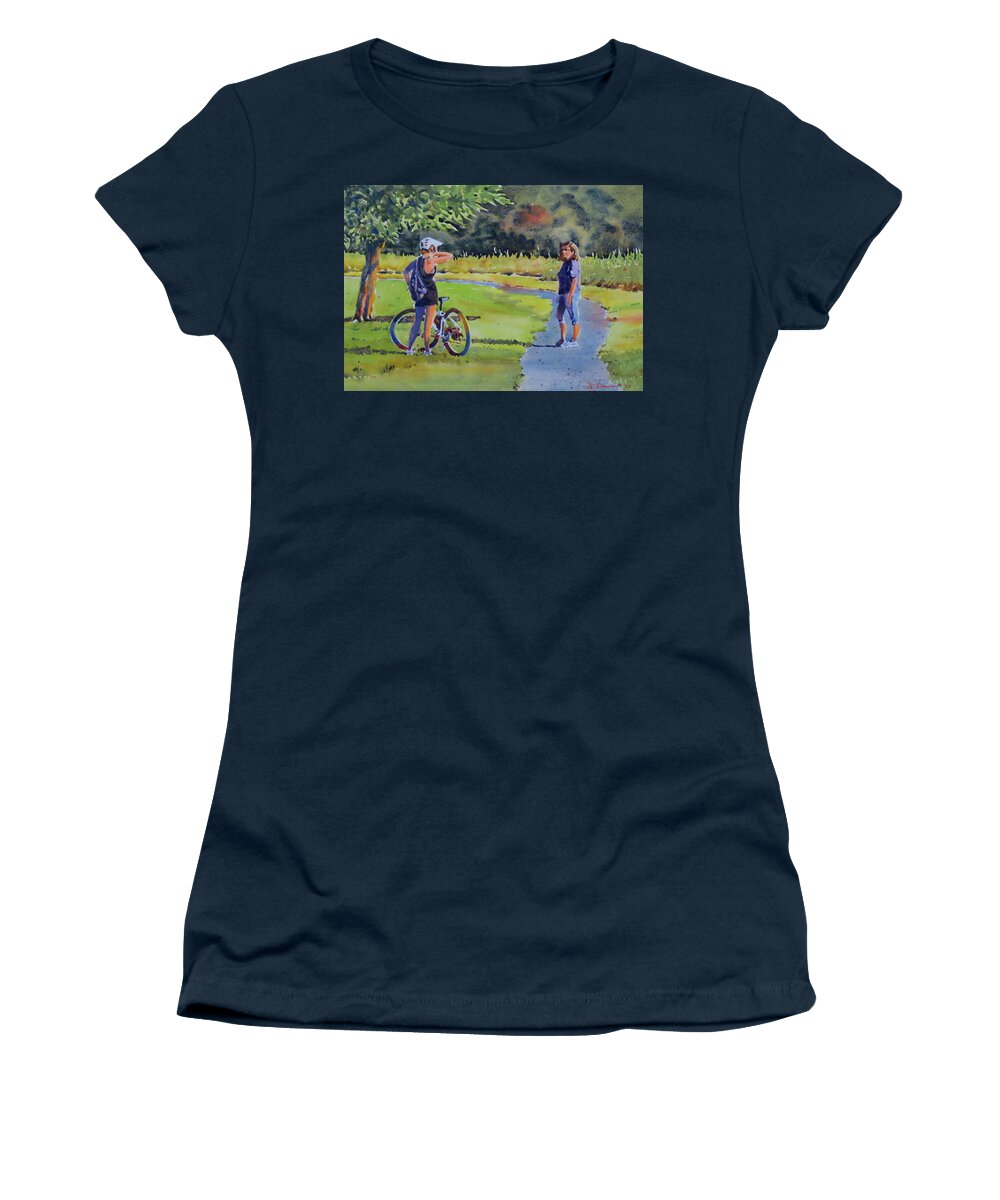 Landscape Women's T-Shirt featuring the painting Socially Distant Chat by David Gilmore