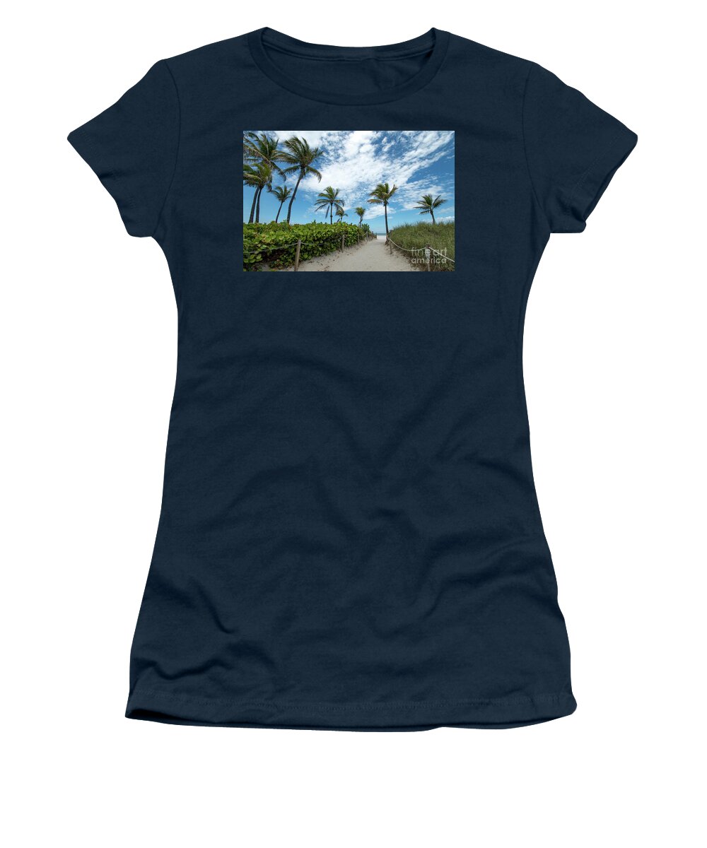 Palm Women's T-Shirt featuring the photograph South Beach Miami, Florida Beach Entrance with Palm Trees by Beachtown Views