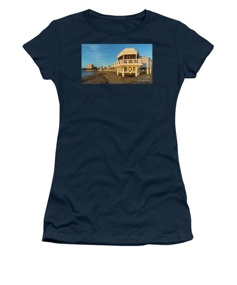 Seascape Women's T-Shirt featuring the photograph Spa at La Caleta under a Blue Sky Beach in Cadiz Andalusia by Pablo Avanzini