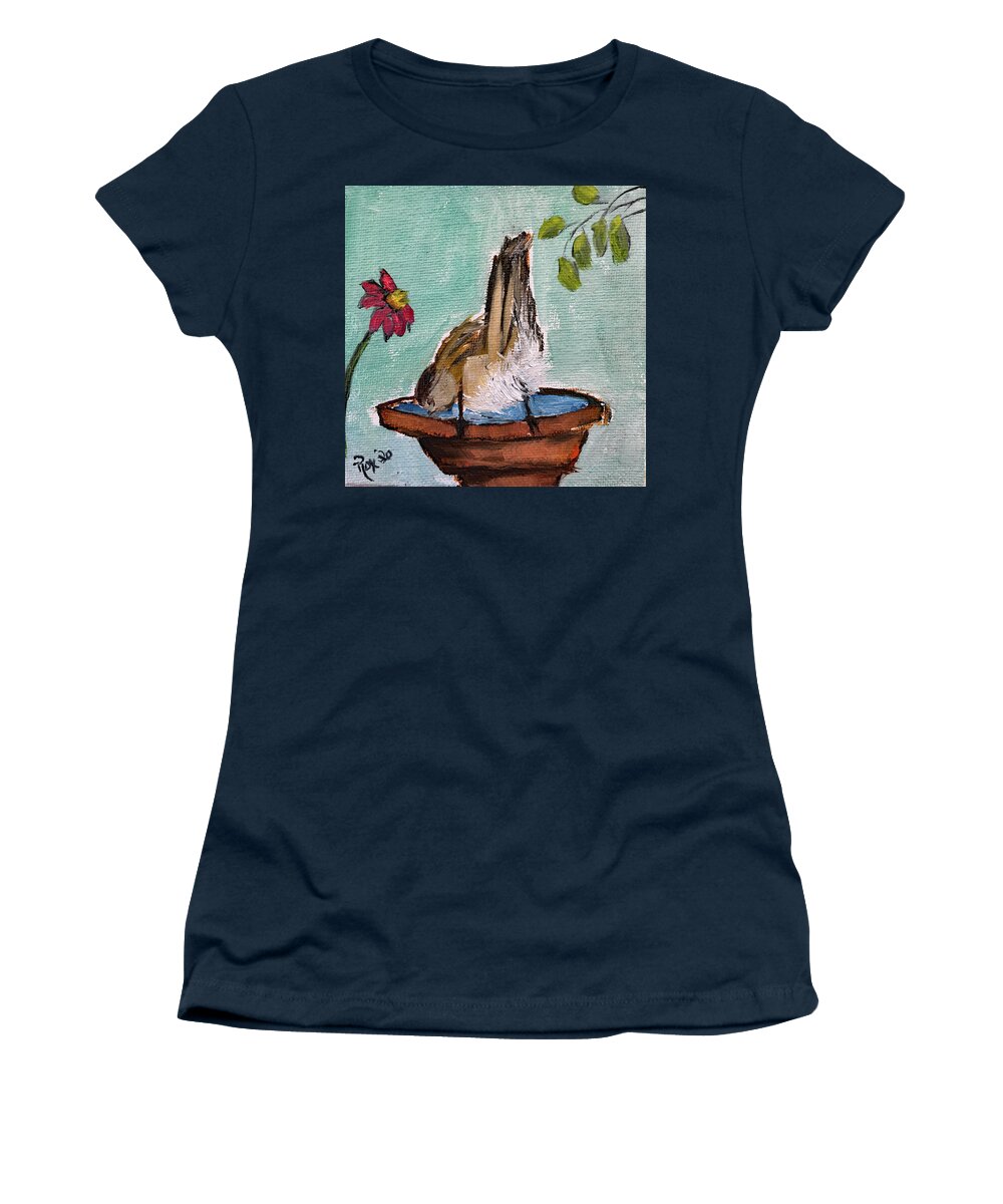 Bird Women's T-Shirt featuring the painting Sparrow on a Birdbath by Roxy Rich