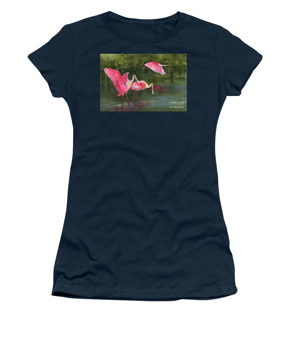 Watercolor Spoonbills Women's T-Shirt featuring the painting Spoonbills by Amy Kirkpatrick