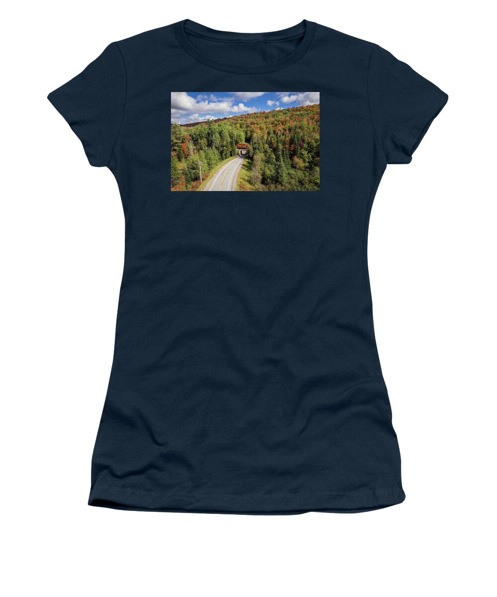  Women's T-Shirt featuring the photograph St Lawrence And Atlantic Crossing Rte 114 in Morgan, VT by John Rowe