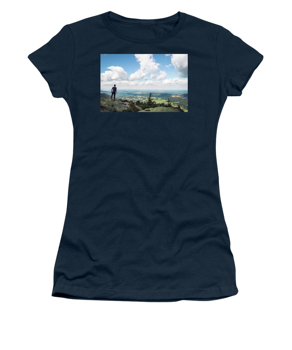Outdoor Women's T-Shirt featuring the photograph Standing on a rock in Jizera mountains by Vaclav Sonnek