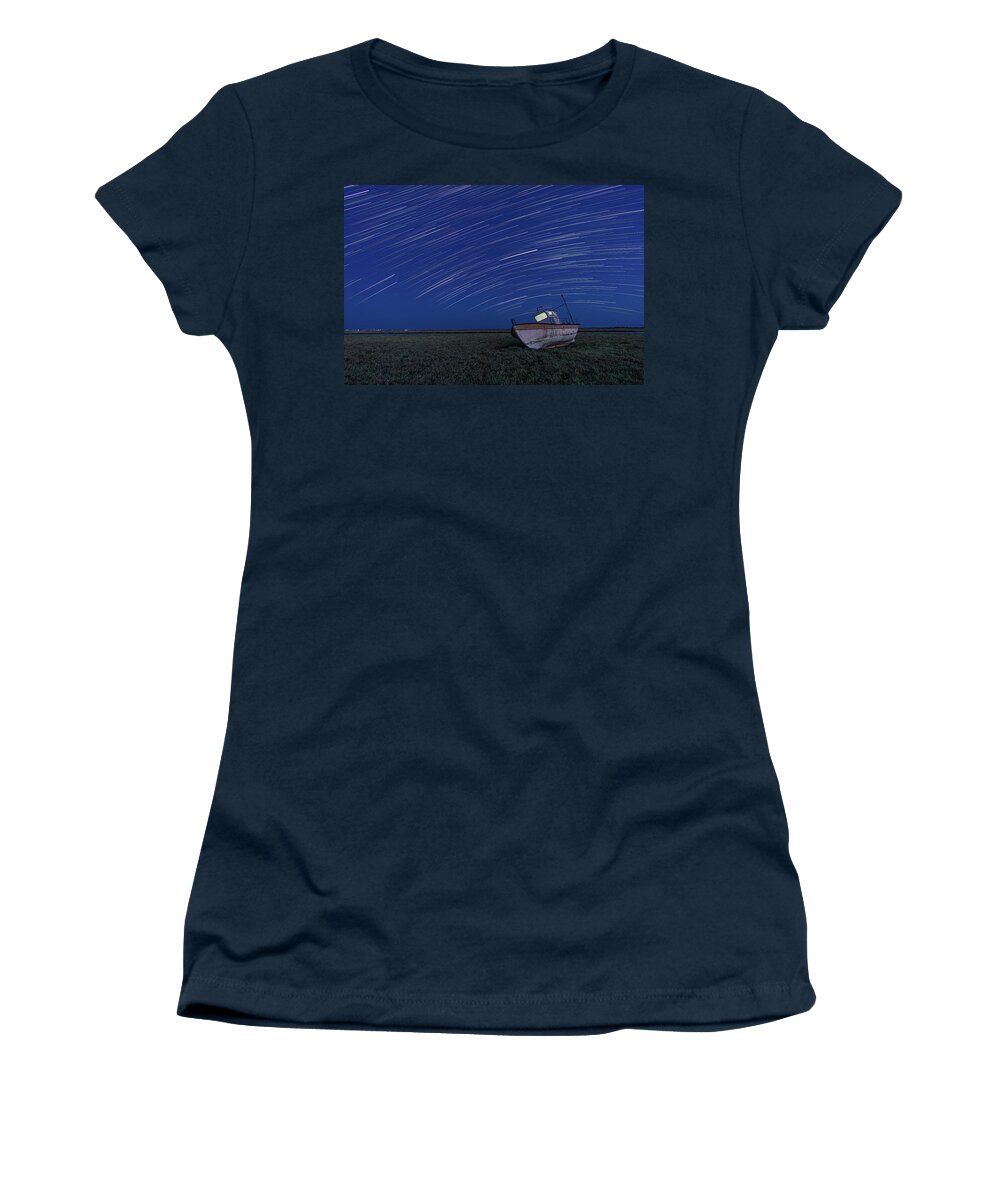 Stars Women's T-Shirt featuring the photograph Star Trails over an old boat by Alexios Ntounas