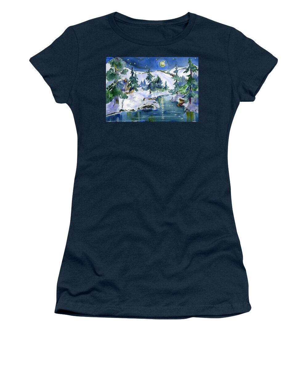 Starry Night Women's T-Shirt featuring the painting Starry Yuba River Moon by Joan Chlarson