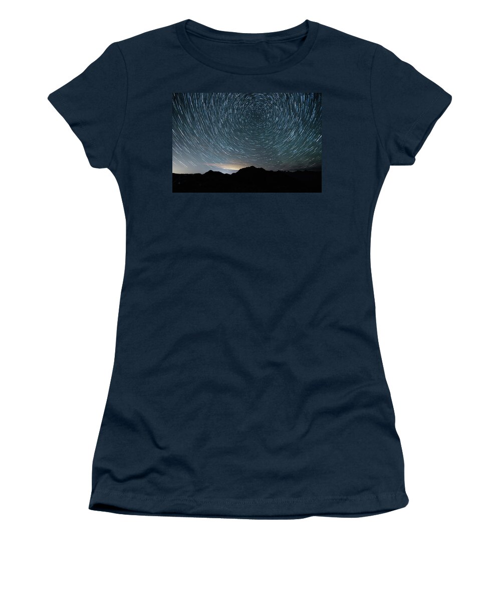 Outdoor; Milky Way; Star Trails; Mt Baker; Mt Baker Wilderness; Table Mountain; Mountains; Women's T-Shirt featuring the digital art StarTrail in Mt Baker by Michael Lee