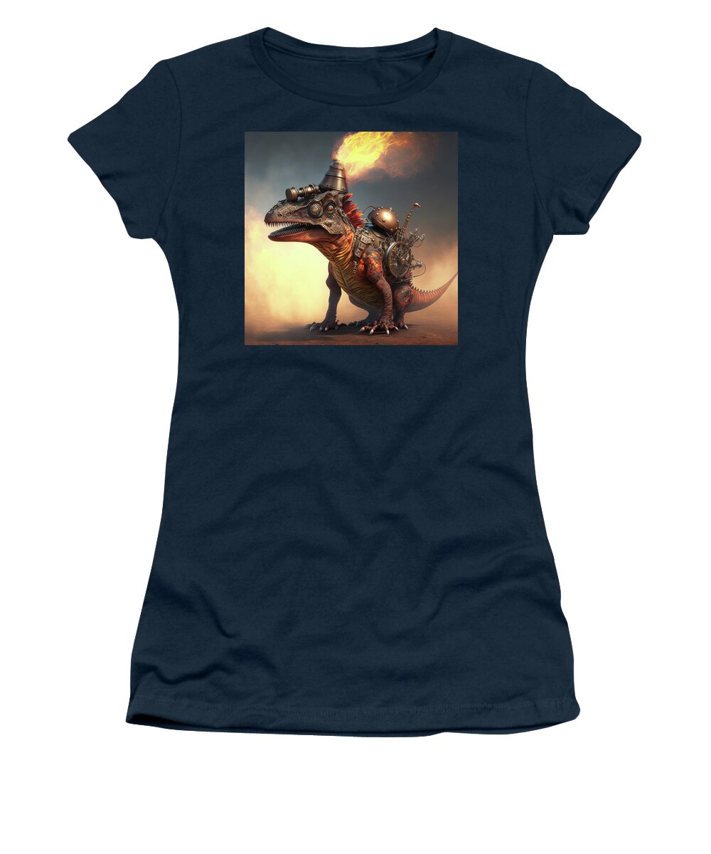 Generative Women's T-Shirt featuring the photograph Steampunk stegosaur dinosaur with erupting volcano, generative Ai #aYearForArt by Steve Estvanik