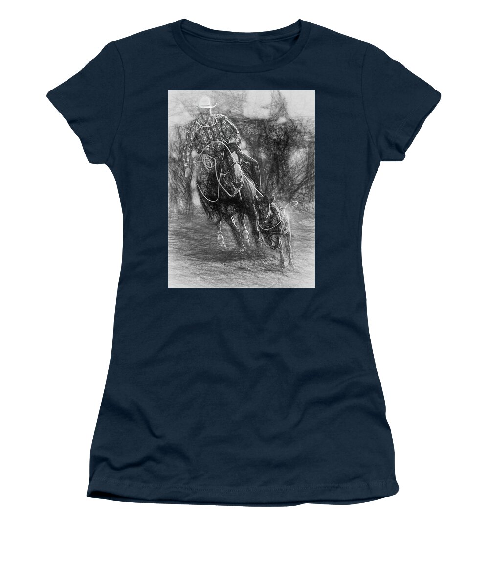 2010 Women's T-Shirt featuring the digital art Steer Roping - 1 Sketch by Bruce Bonnett