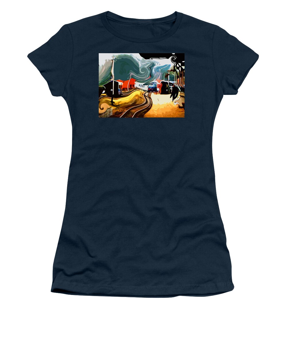 Railways Women's T-Shirt featuring the painting Storm at Kalka Station by Padamvir Singh