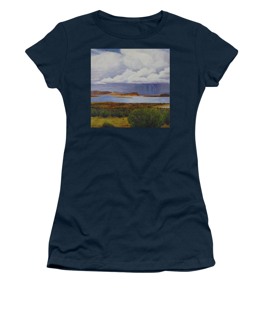 Kim Mcclinton Women's T-Shirt featuring the painting Storm at Lake Powell- center panel of three by Kim McClinton