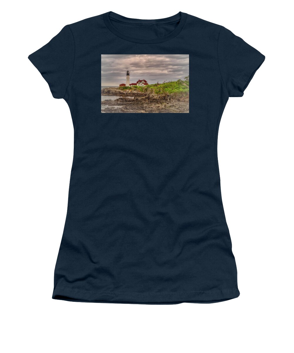 Portland Head Light Women's T-Shirt featuring the photograph Stormy Skies at Portland Head Light by Penny Polakoff