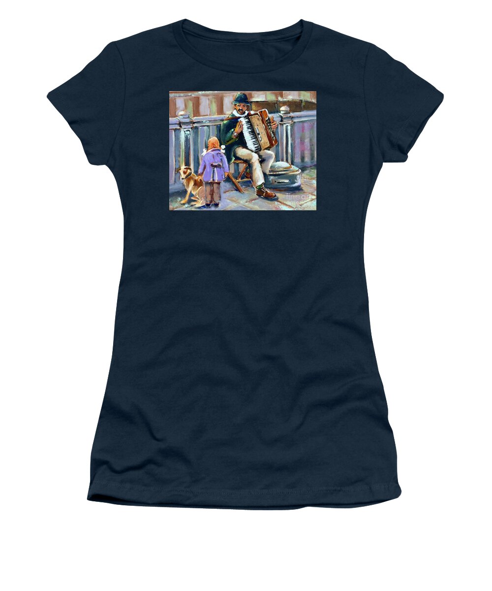 Accordionist Women's T-Shirt featuring the painting Street musician by Lana Sylber