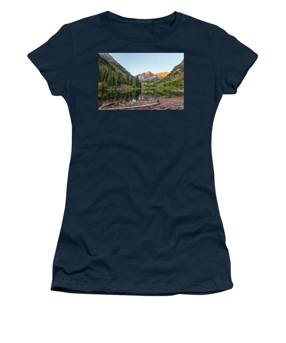 Maroon Bells Women's T-Shirt featuring the photograph Sunlight Hitting the Peaks at Maroon Bells by Belinda Greb