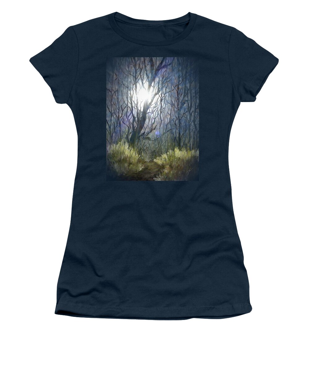 Forest Women's T-Shirt featuring the digital art Sunlight in the Forest by Darren Cannell