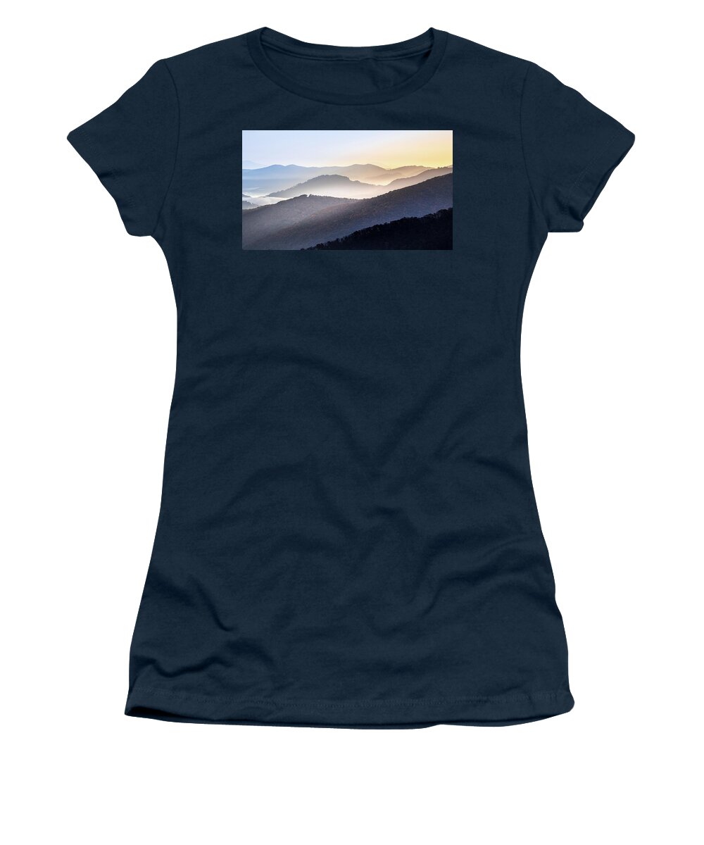 Maggie Valley Women's T-Shirt featuring the photograph Sunlight Peaking Over The Mountains by Jordan Hill