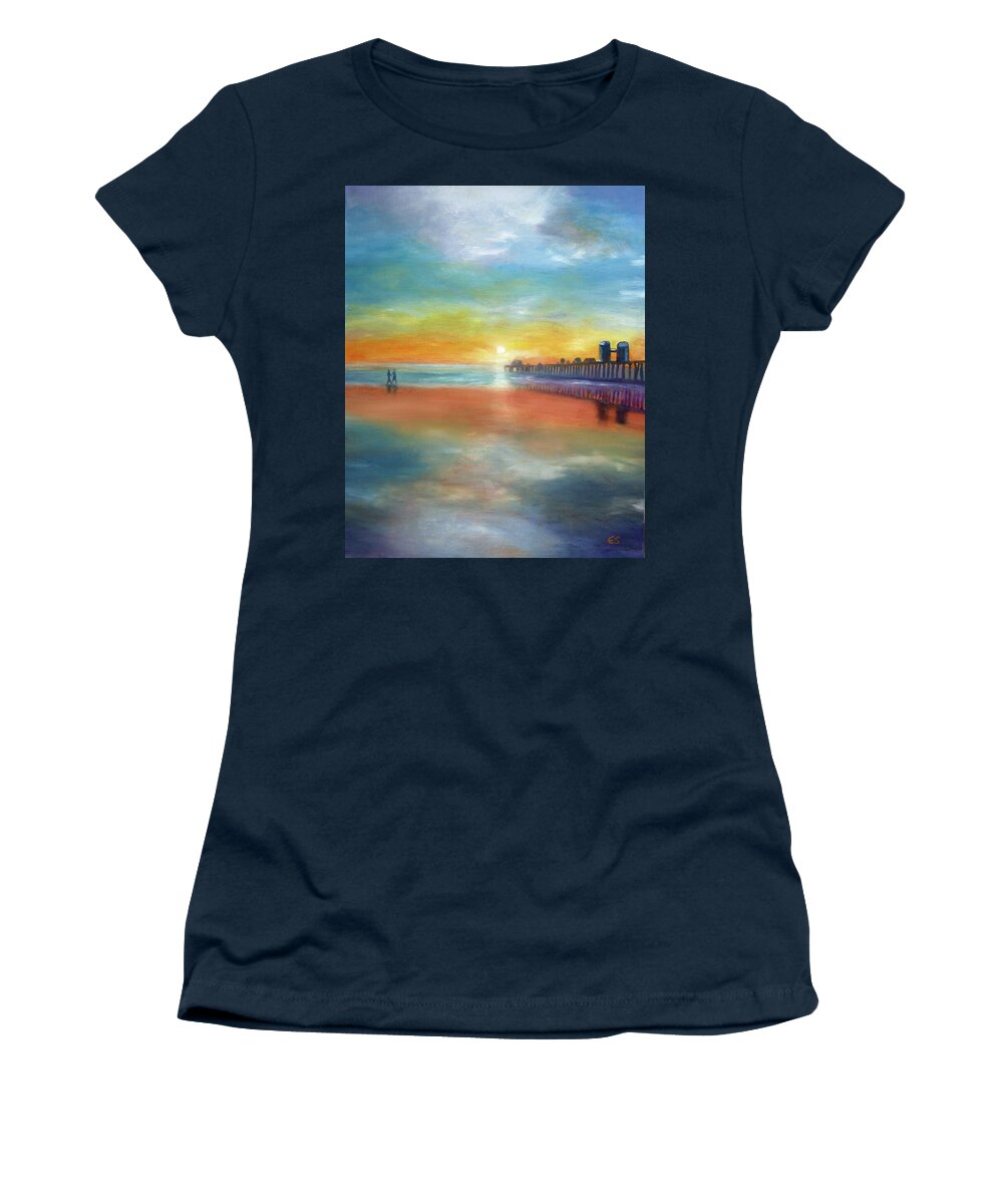 Yellow Women's T-Shirt featuring the painting Sunset at the Pier by Evelyn Snyder