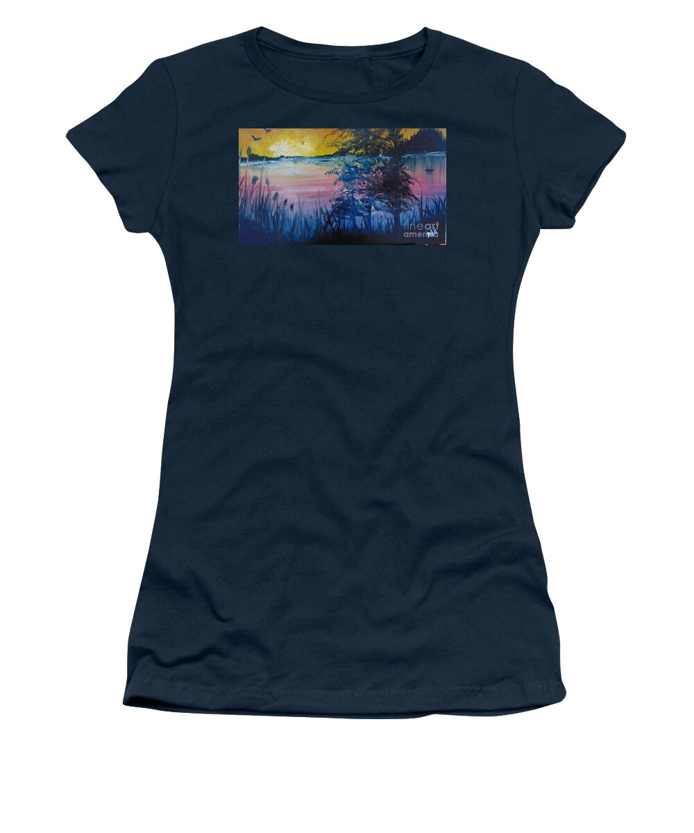 Lake Women's T-Shirt featuring the painting Sunset on the Lake by Saundra Johnson