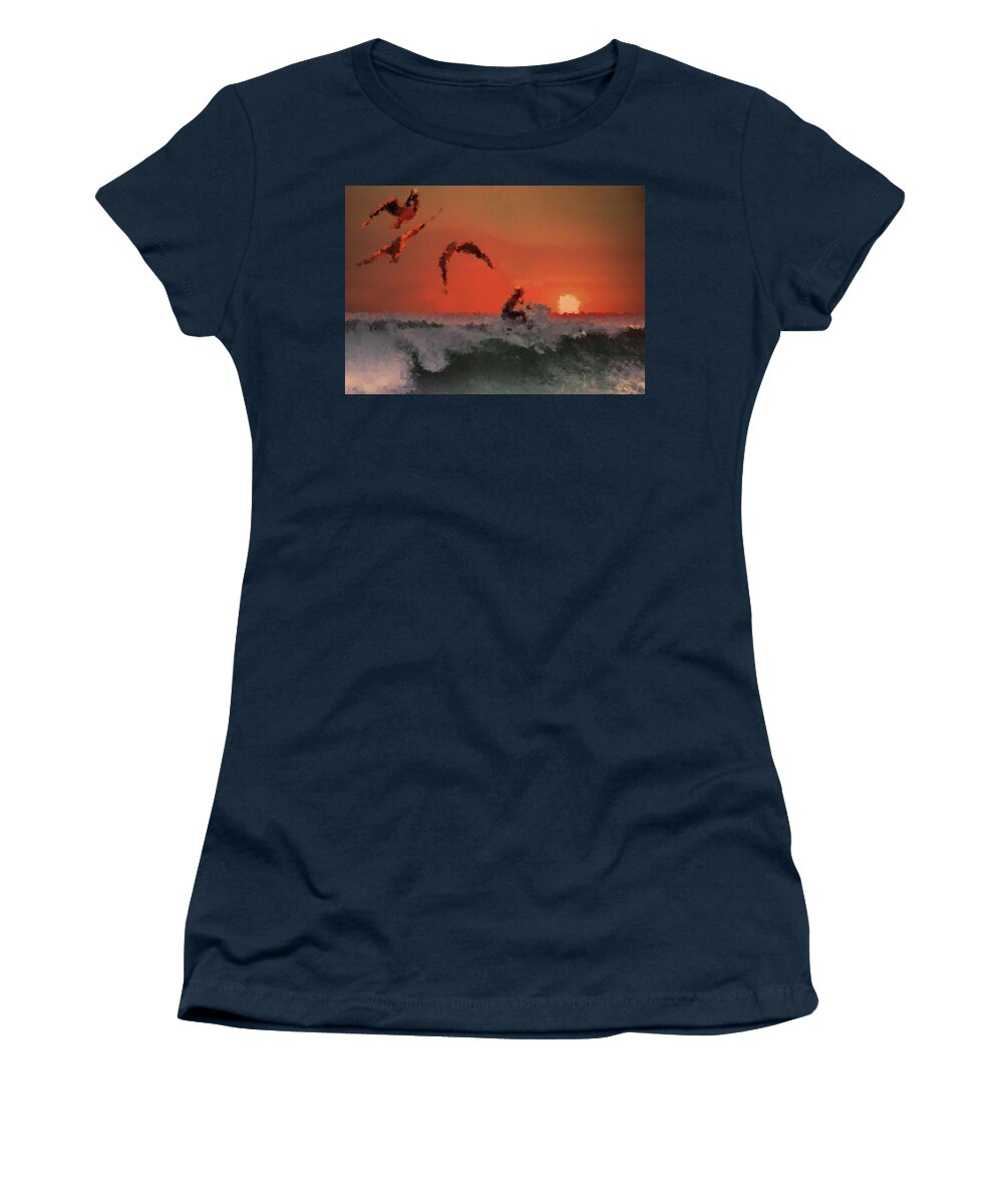 Surfing Women's T-Shirt featuring the mixed media Sunset Surfing by Alex Mir