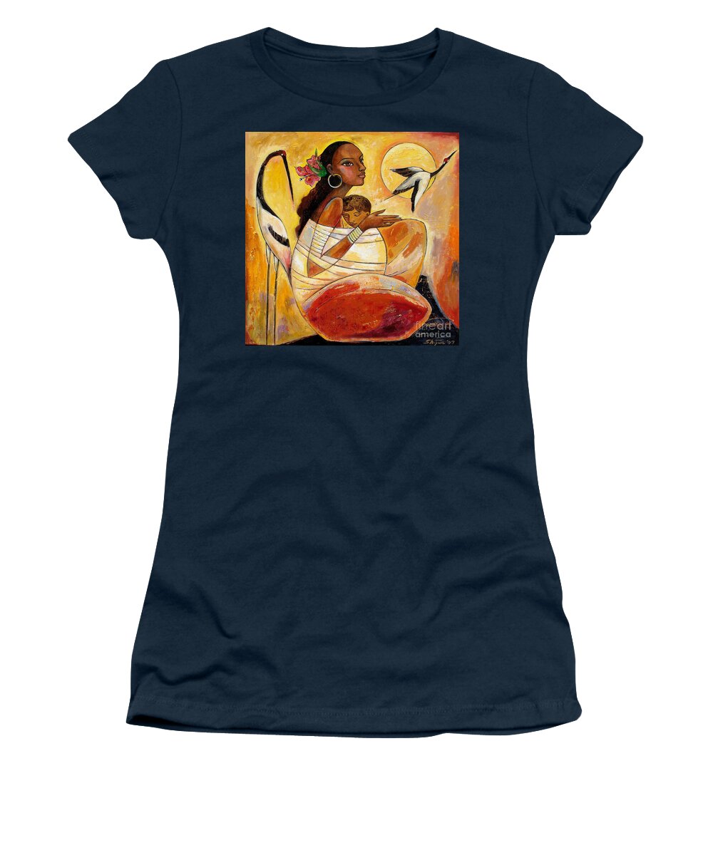 Mother And Child Women's T-Shirt featuring the painting Sunshine Mother and Child by Shijun Munns