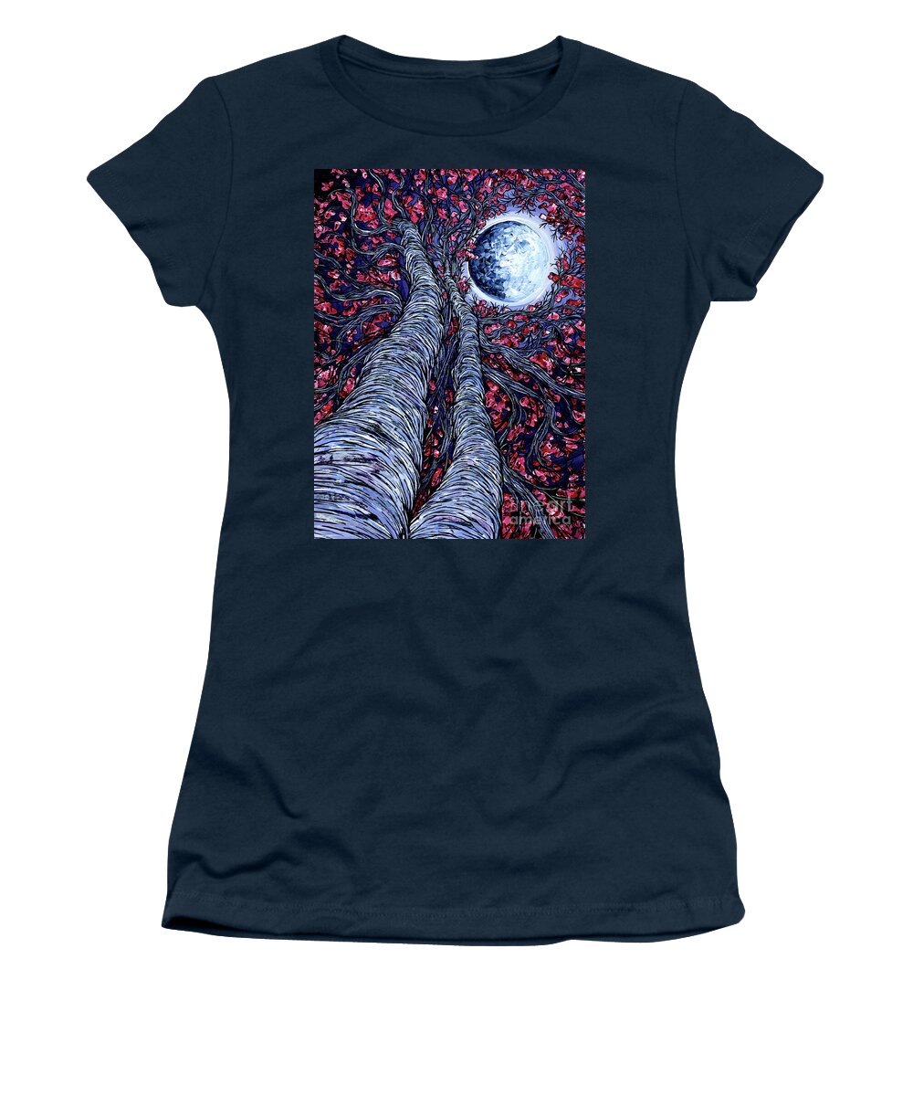 Moon Women's T-Shirt featuring the painting Supermoon Cherry Blossoms by Tracy Levesque