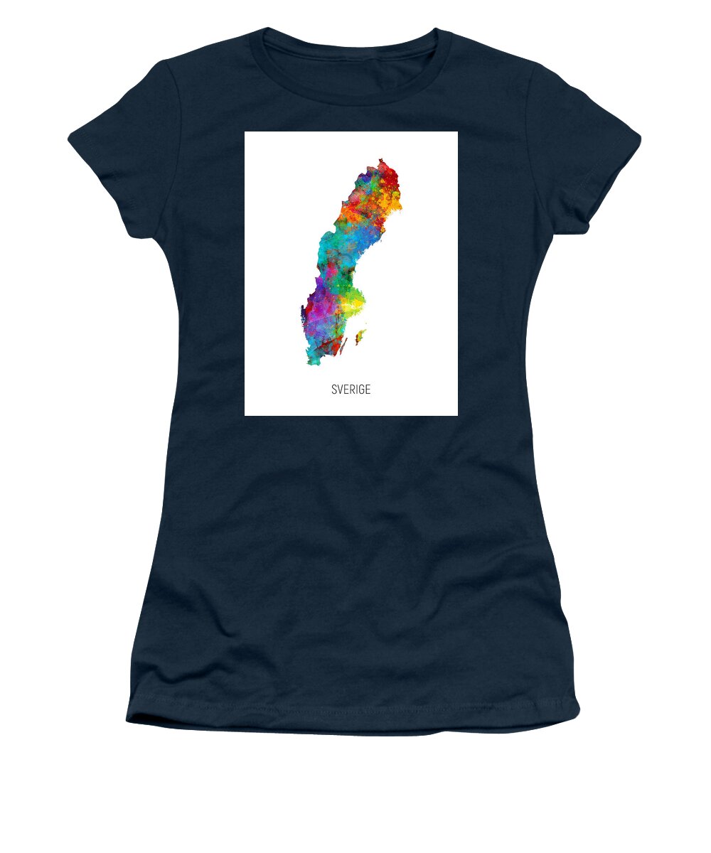 Sverige Women's T-Shirt featuring the digital art Sverige Watercolor Map by Michael Tompsett