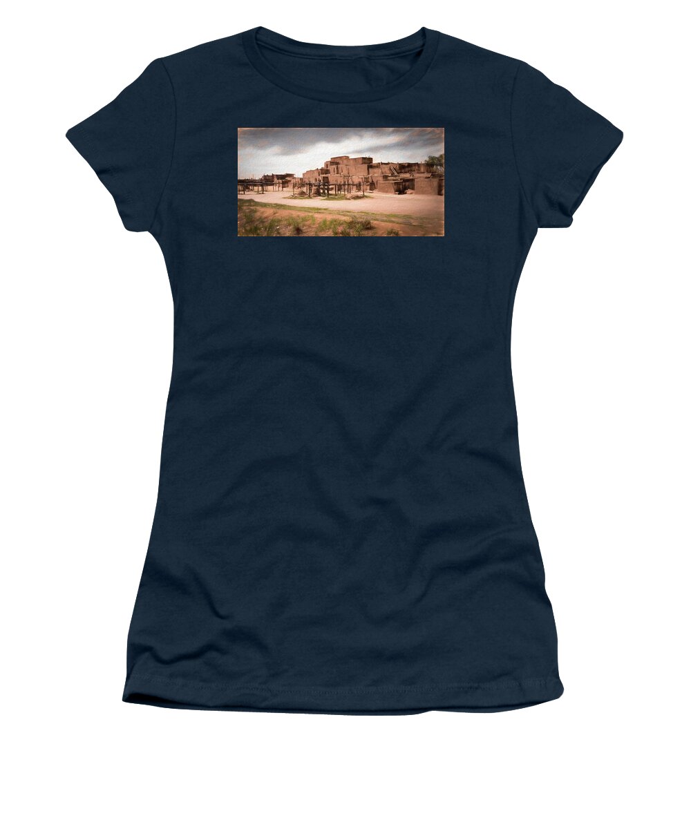 Taos Adobe Pueblo Women's T-Shirt featuring the digital art Taos Pueblo New Mexico by Rebecca Herranen