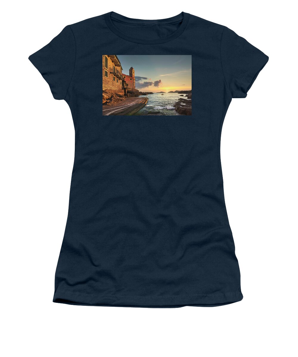 Tellaro Women's T-Shirt featuring the photograph Tellaro Church and Sea. Liguria by Stefano Orazzini