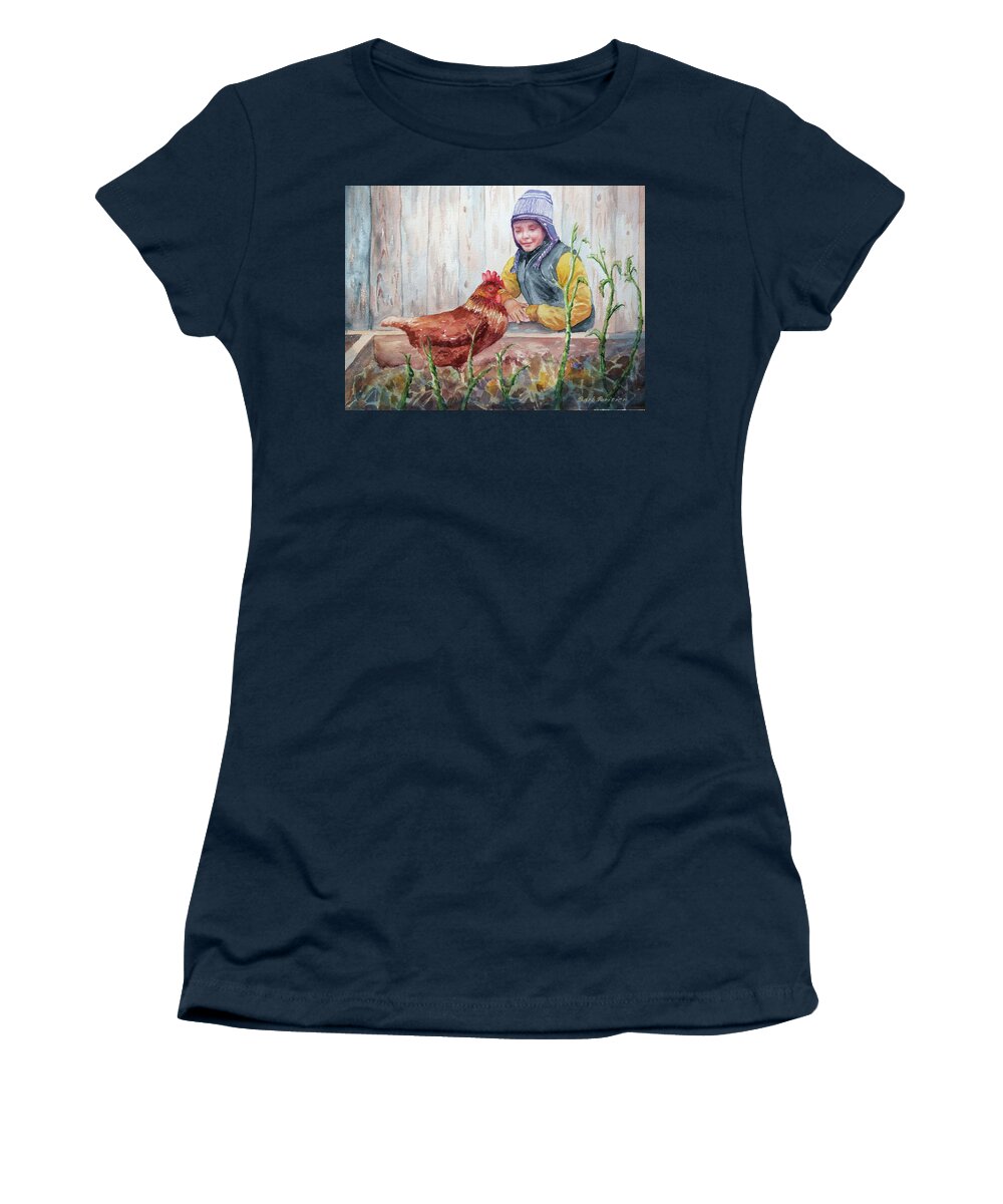 Chickens Women's T-Shirt featuring the painting Tending by Barbara Parisien