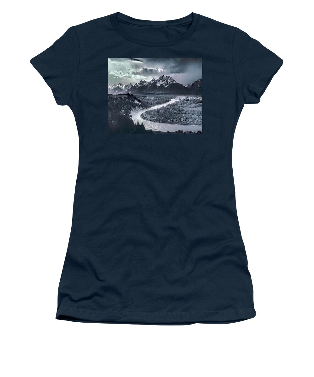 Tetons And The Snake River Women's T-Shirt featuring the digital art Tetons And The Snake River by Ansel Adams