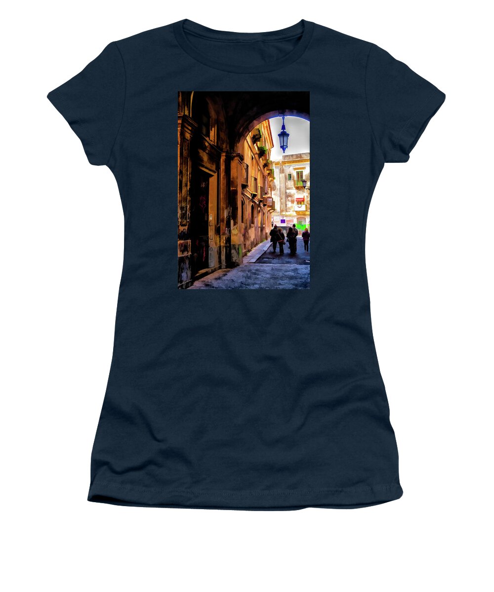 Catania Women's T-Shirt featuring the photograph The Alley from Teatro Bellini, Catania, Sicily. by Monroe Payne