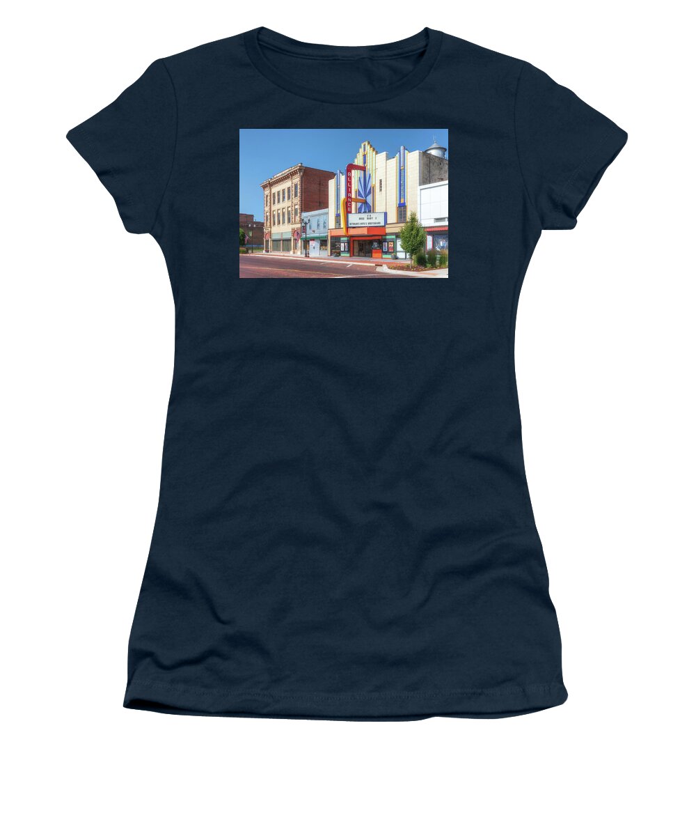 Nebraska Women's T-Shirt featuring the photograph The Alliance Theater and Newberrys Hardware - Alliance Nebraska by Susan Rissi Tregoning