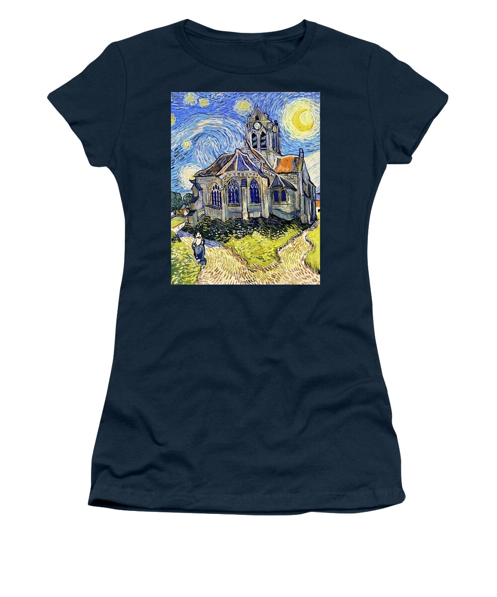 Van Gogh Women's T-Shirt featuring the digital art The Church at Auvers on a Starry Night - digital recreation by Nicko Prints