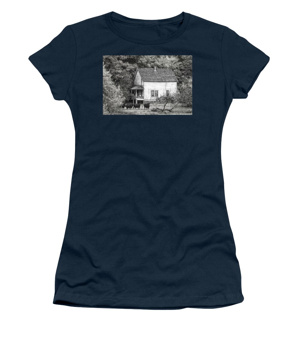 American Women's T-Shirt featuring the photograph The Cows Came Home in Black and White by Debra and Dave Vanderlaan