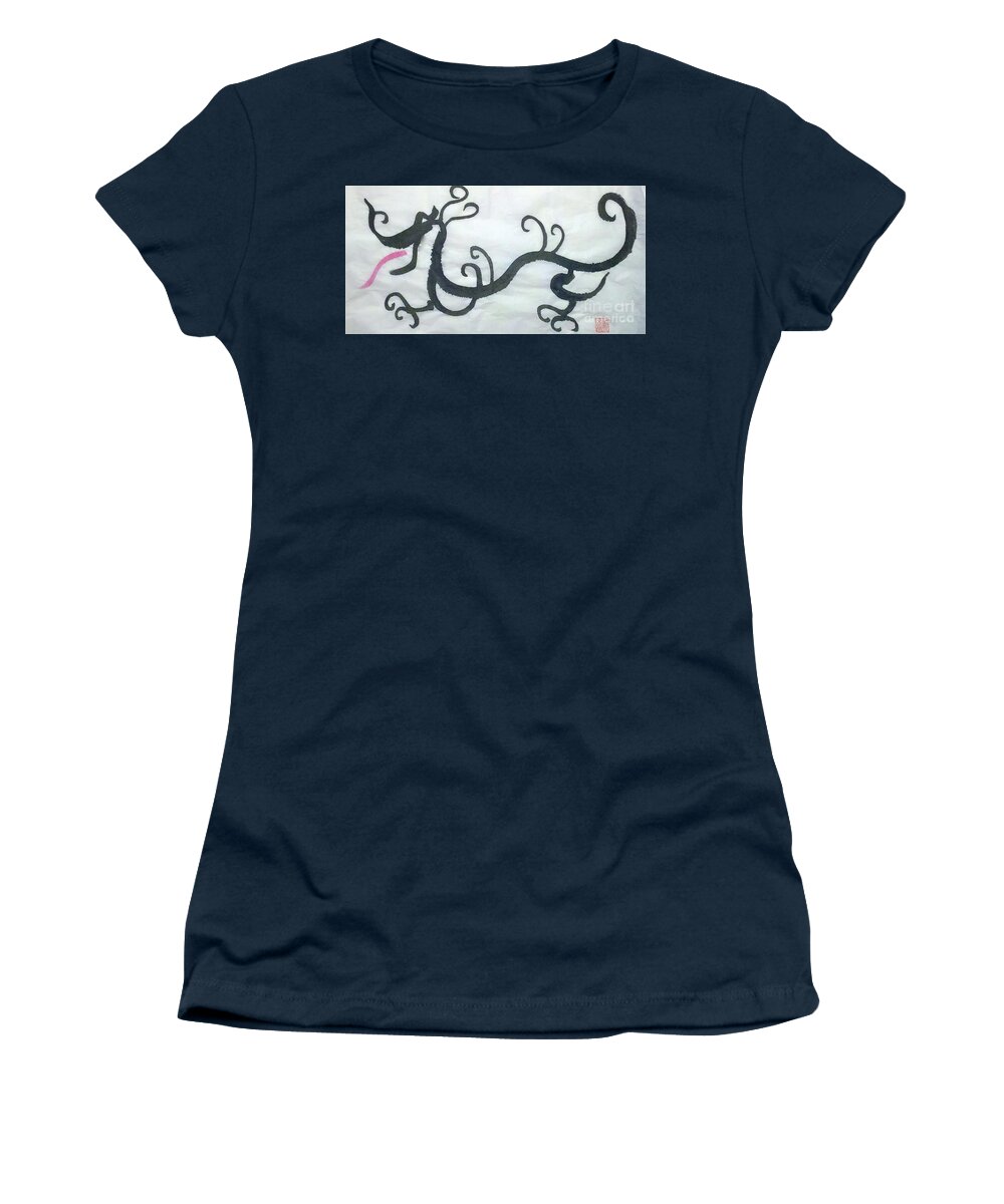 Black Ink Dragon Women's T-Shirt featuring the painting The Dragon by Margaret Welsh Willowsilk