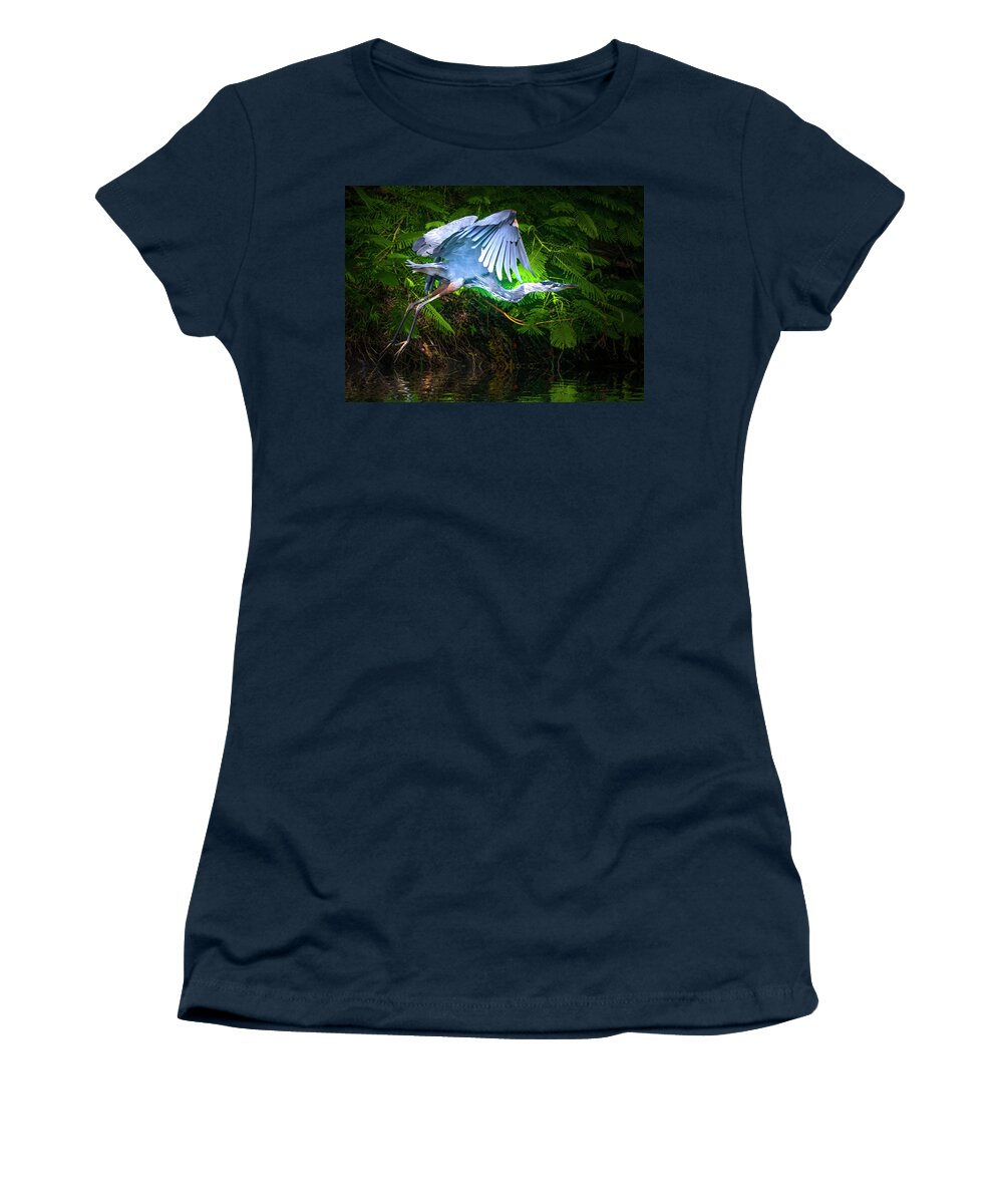 Great Blue Heron Women's T-Shirt featuring the photograph The Graceful Heron Soars by Mark Andrew Thomas