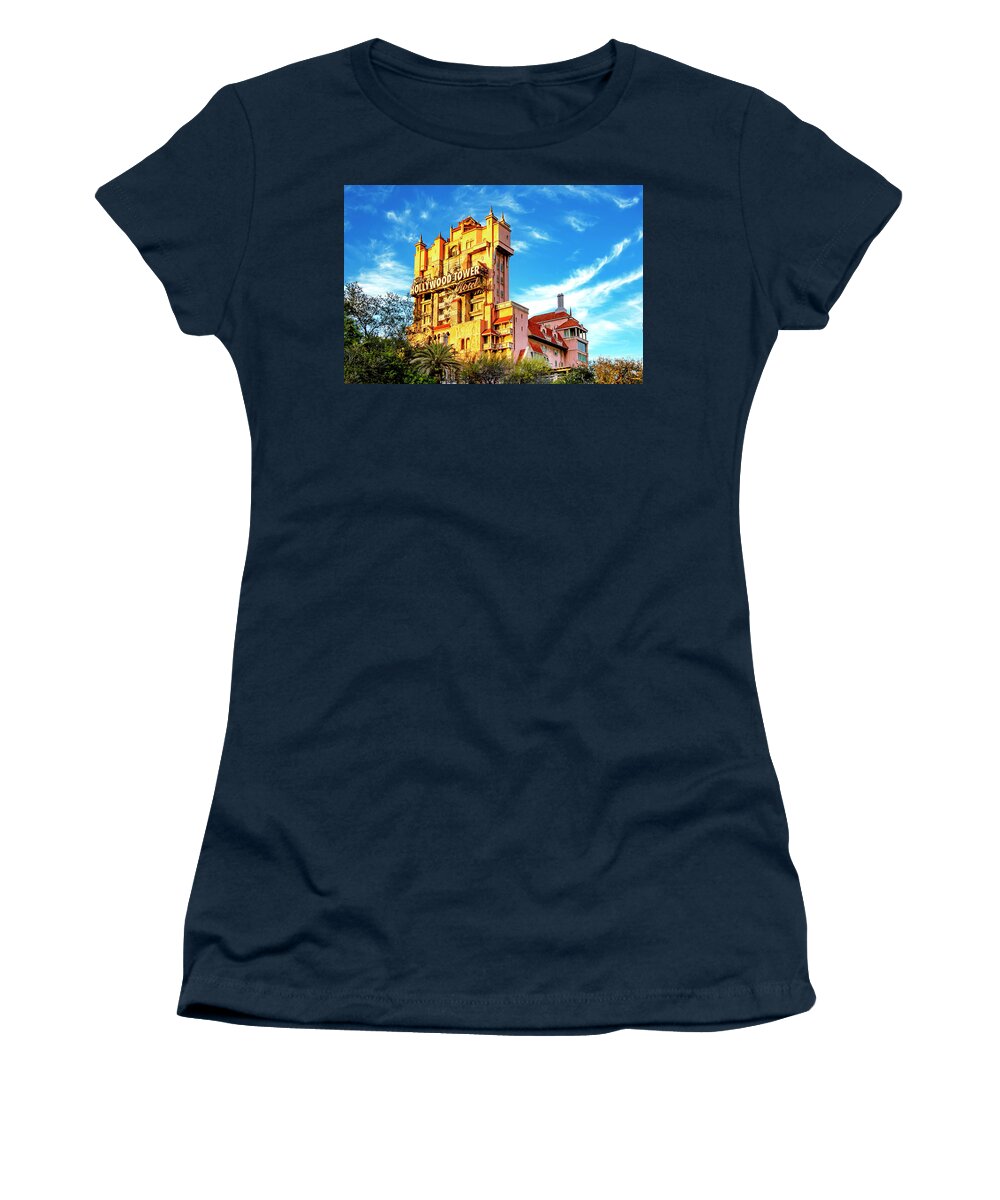 Animal Kingdom Women's T-Shirt featuring the photograph The Hollywood Tower Hotel by Greg Fortier