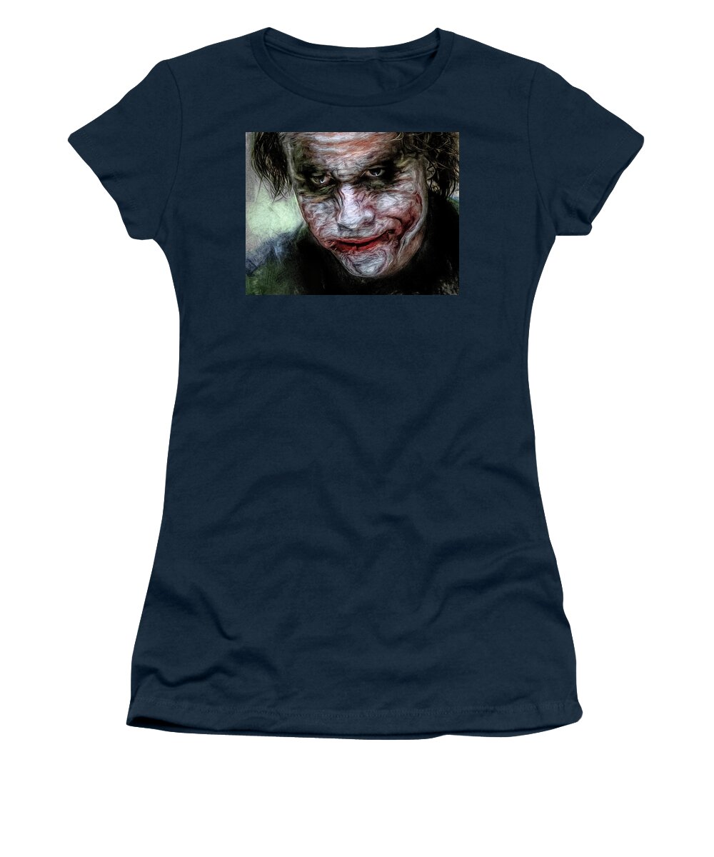 Batman Women's T-Shirt featuring the mixed media The Joker as Portrayed by Heath Ledger by Mal Bray