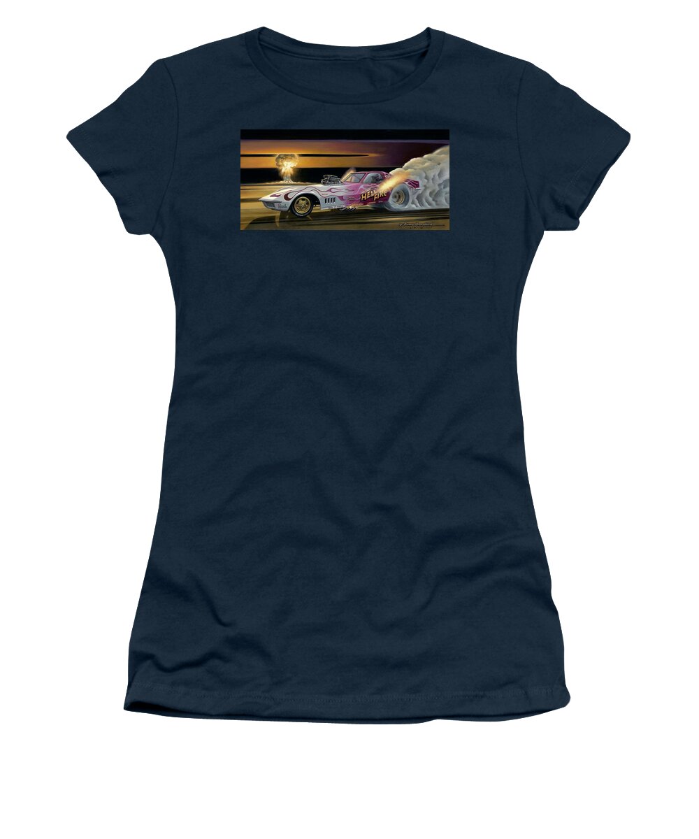 Nhra Funny Car Hell Fire Nitro Top Fuel Dragster Kenny Youngblood Women's T-Shirt featuring the painting The Last Burnout by Kenny Youngblood