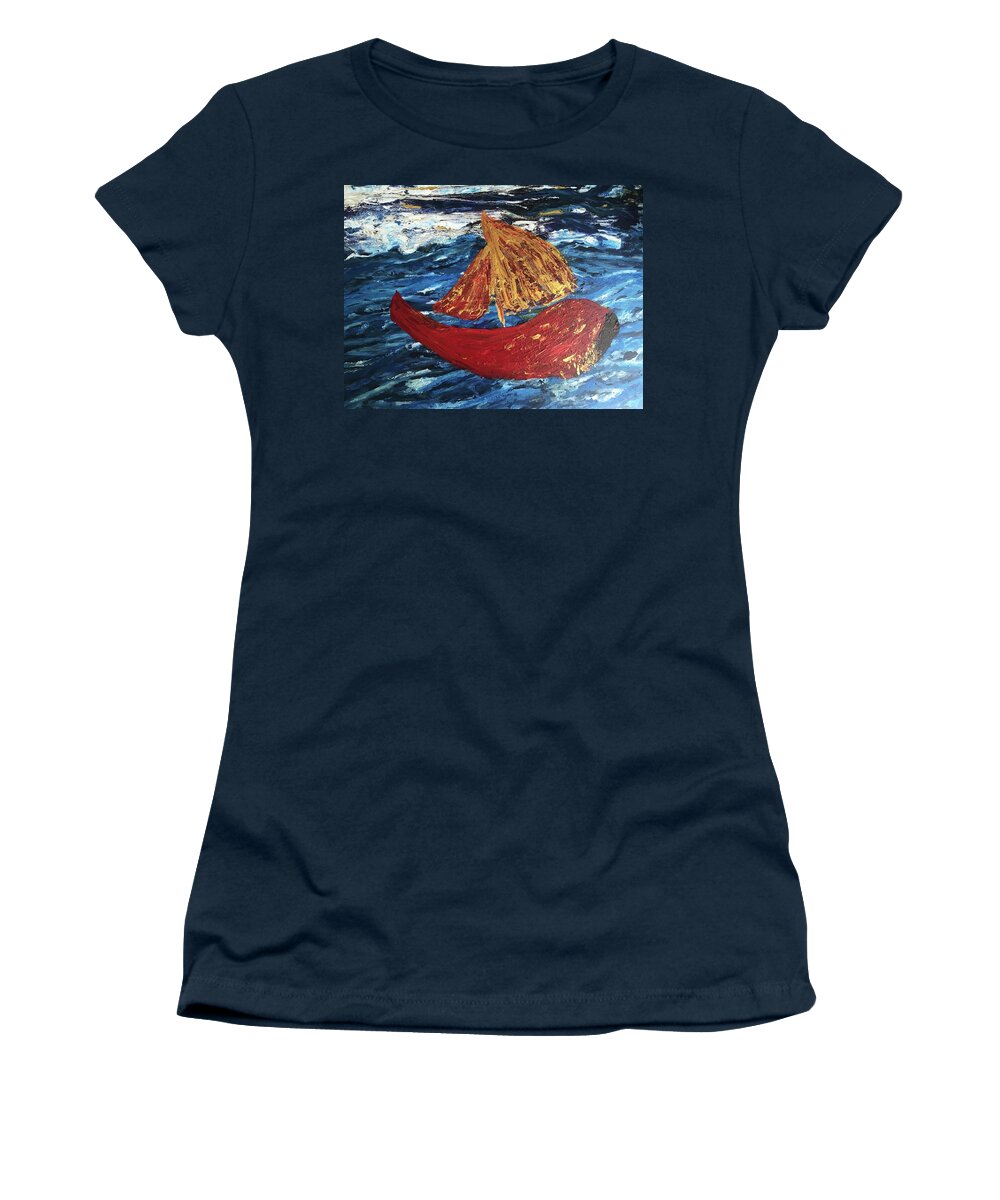 Red Boat Women's T-Shirt featuring the painting The Little Red. Boat by Medge Jaspan