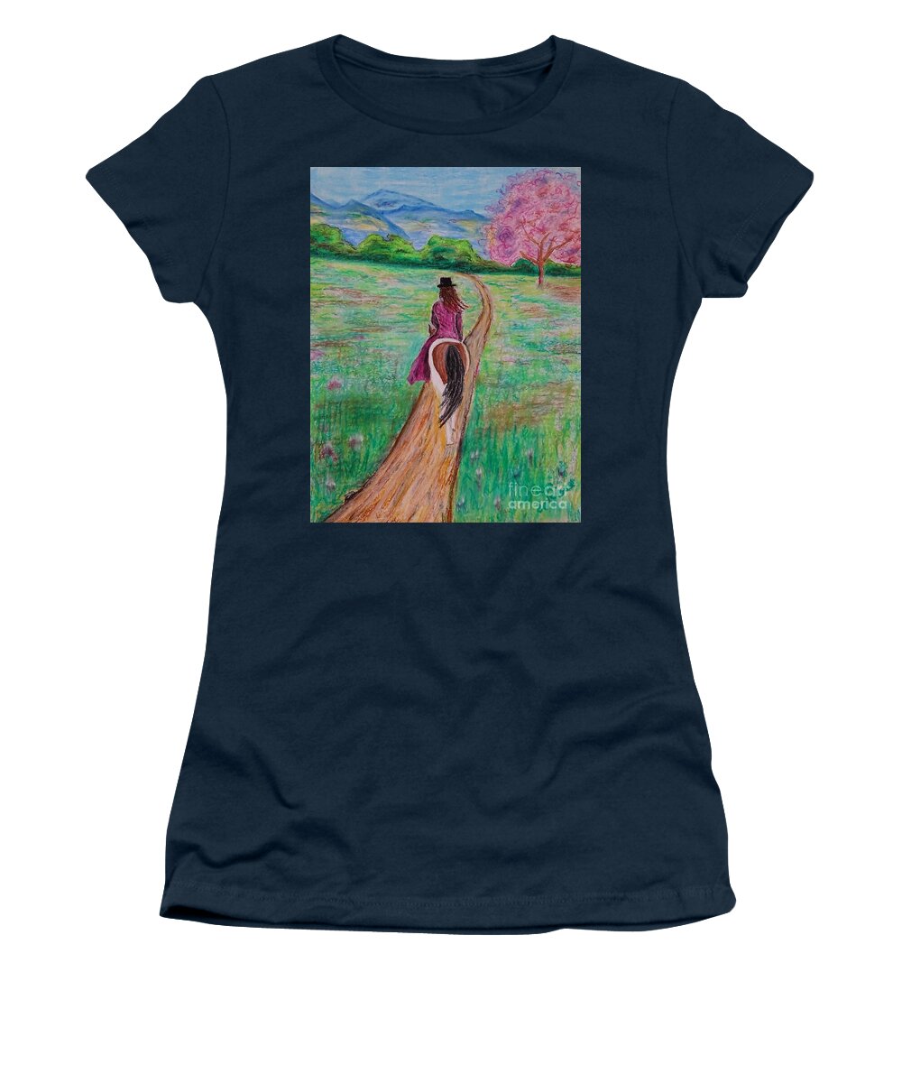 Riding Sidesaddle Women's T-Shirt featuring the painting The long way home by Lisa Rose Musselwhite