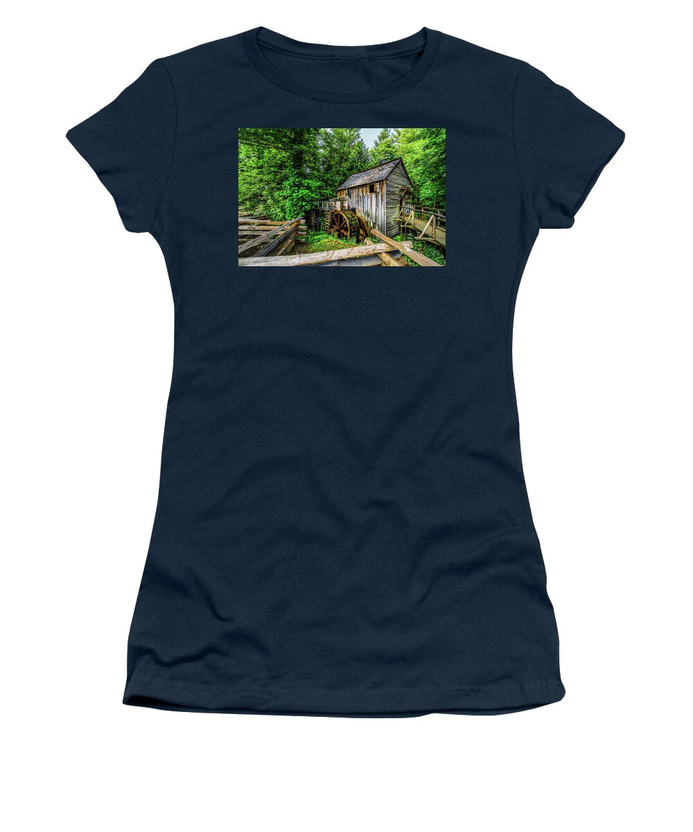 Barns Women's T-Shirt featuring the photograph The Mill and Fences at Cades Cove Townsend Tennessee by Debra and Dave Vanderlaan