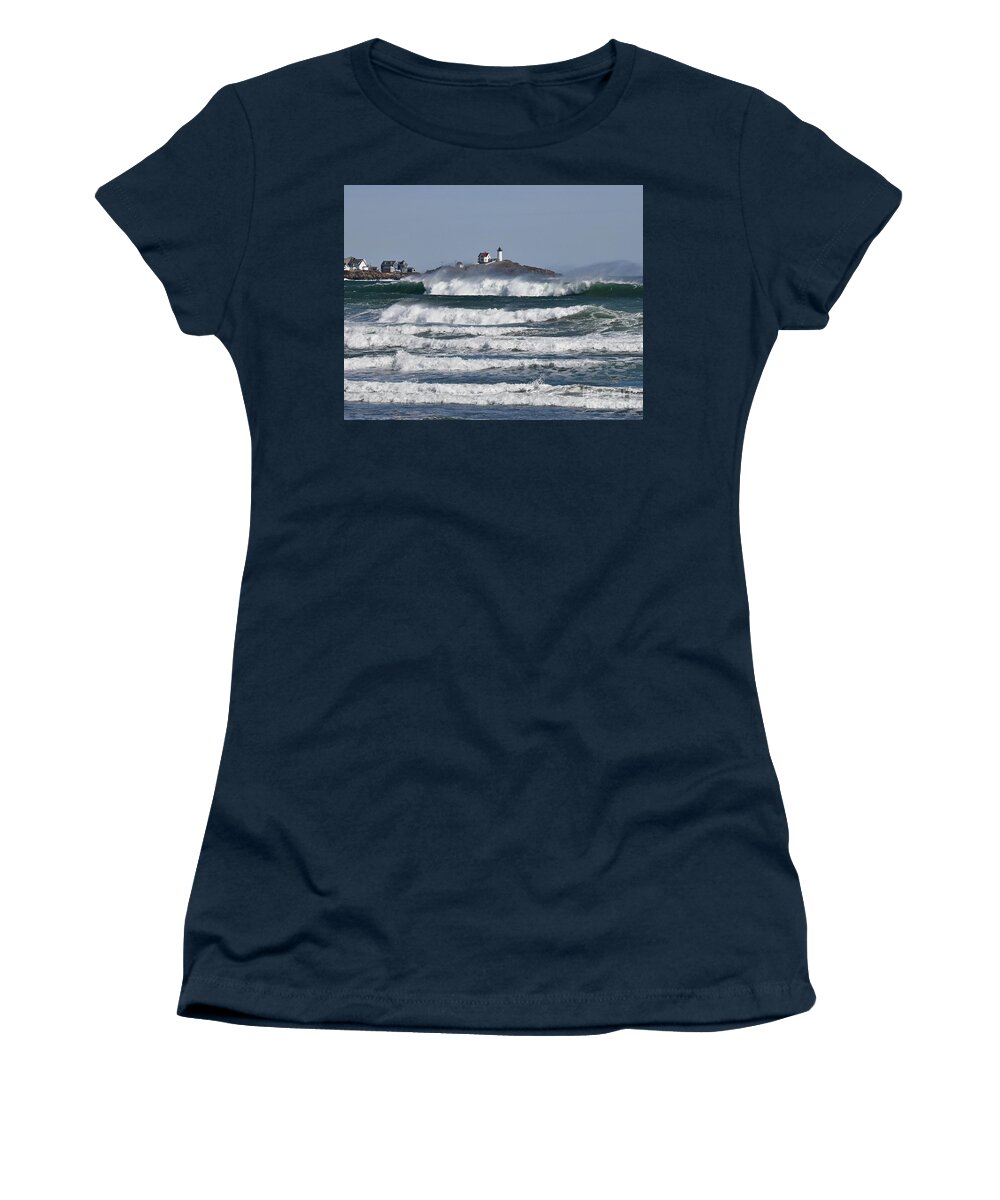 Cape Neddick Women's T-Shirt featuring the photograph The Ocean Storm at the Nubble by Steve Brown