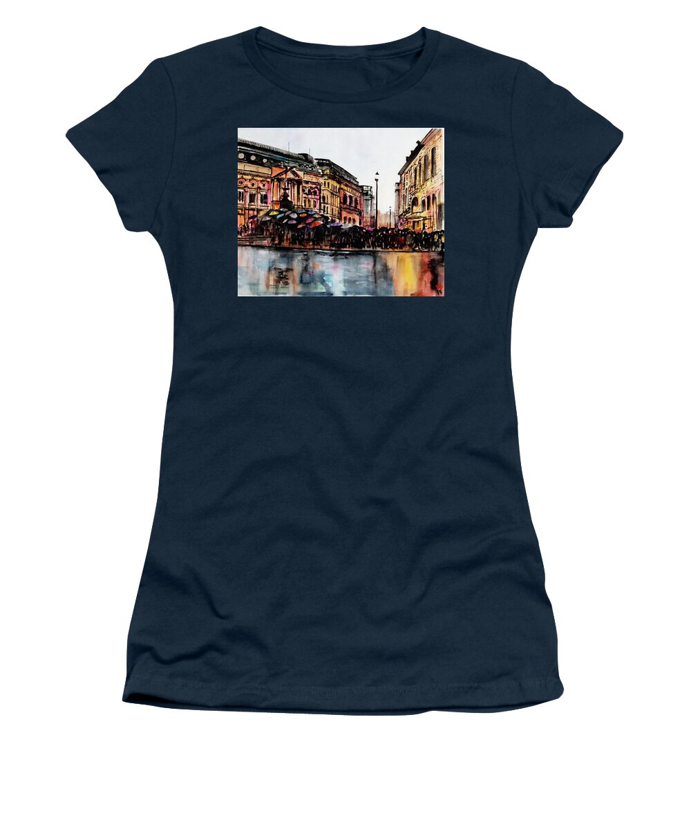  Women's T-Shirt featuring the painting The Protest Under Raining in Piccadilly Circus London UK by Francisco Gutierrez