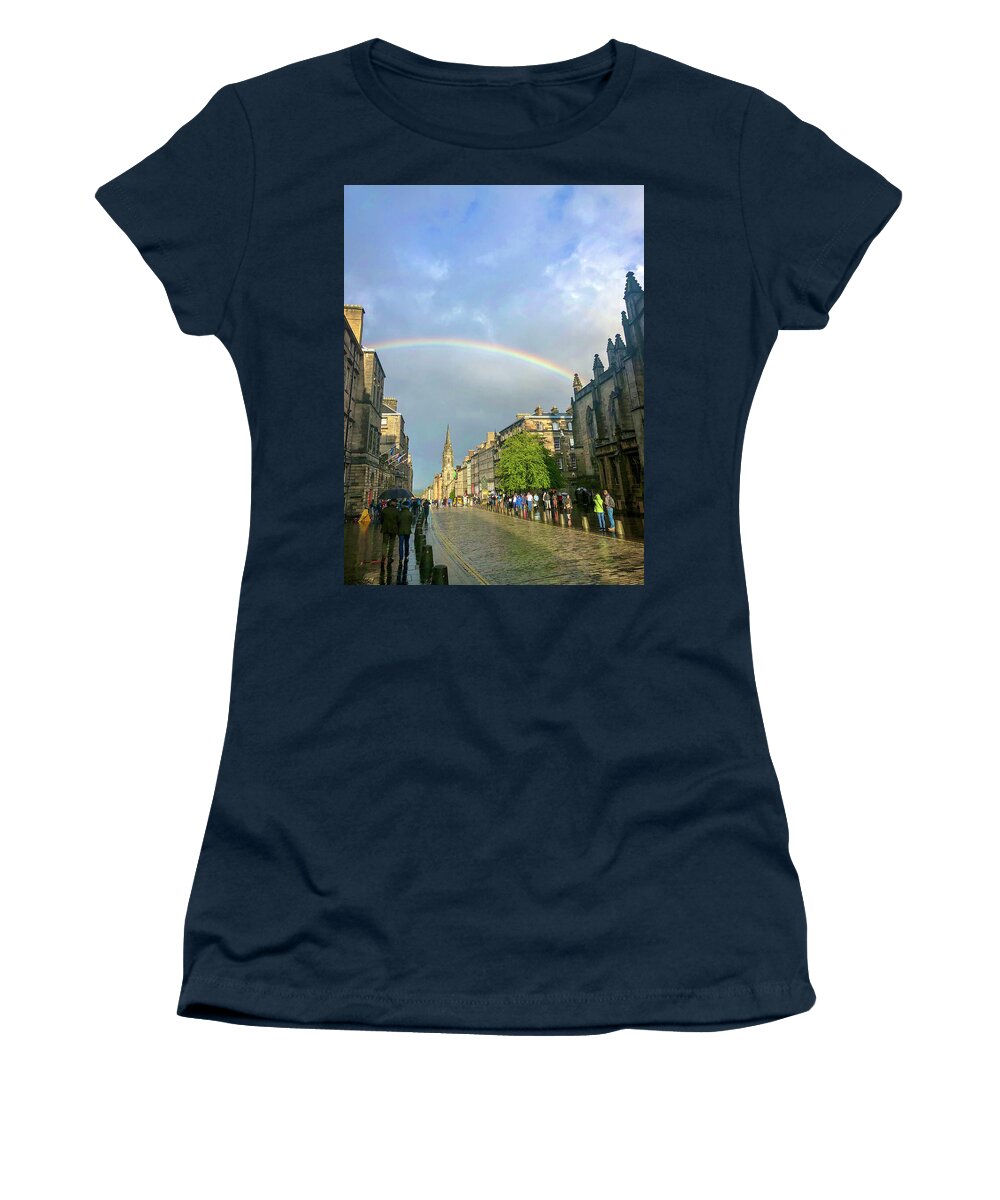 Scotland Women's T-Shirt featuring the photograph The Royal Mile Rainbow by Joe Schofield