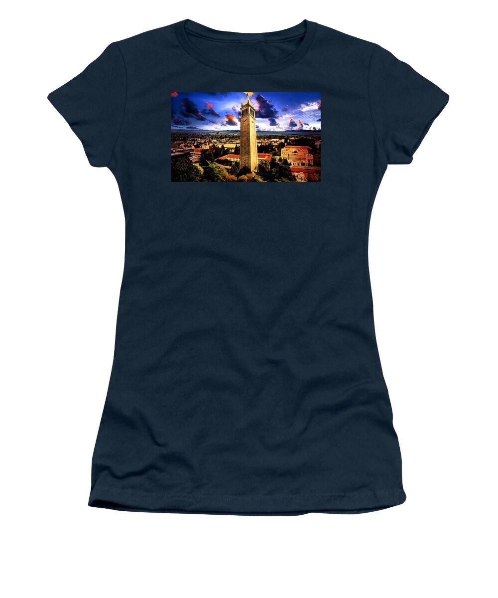 Berkeley Women's T-Shirt featuring the digital art The Sather Tower and a a view to Berkeley Campus, downtown Berkeley and San Francisco Bay at sunrise by Nicko Prints