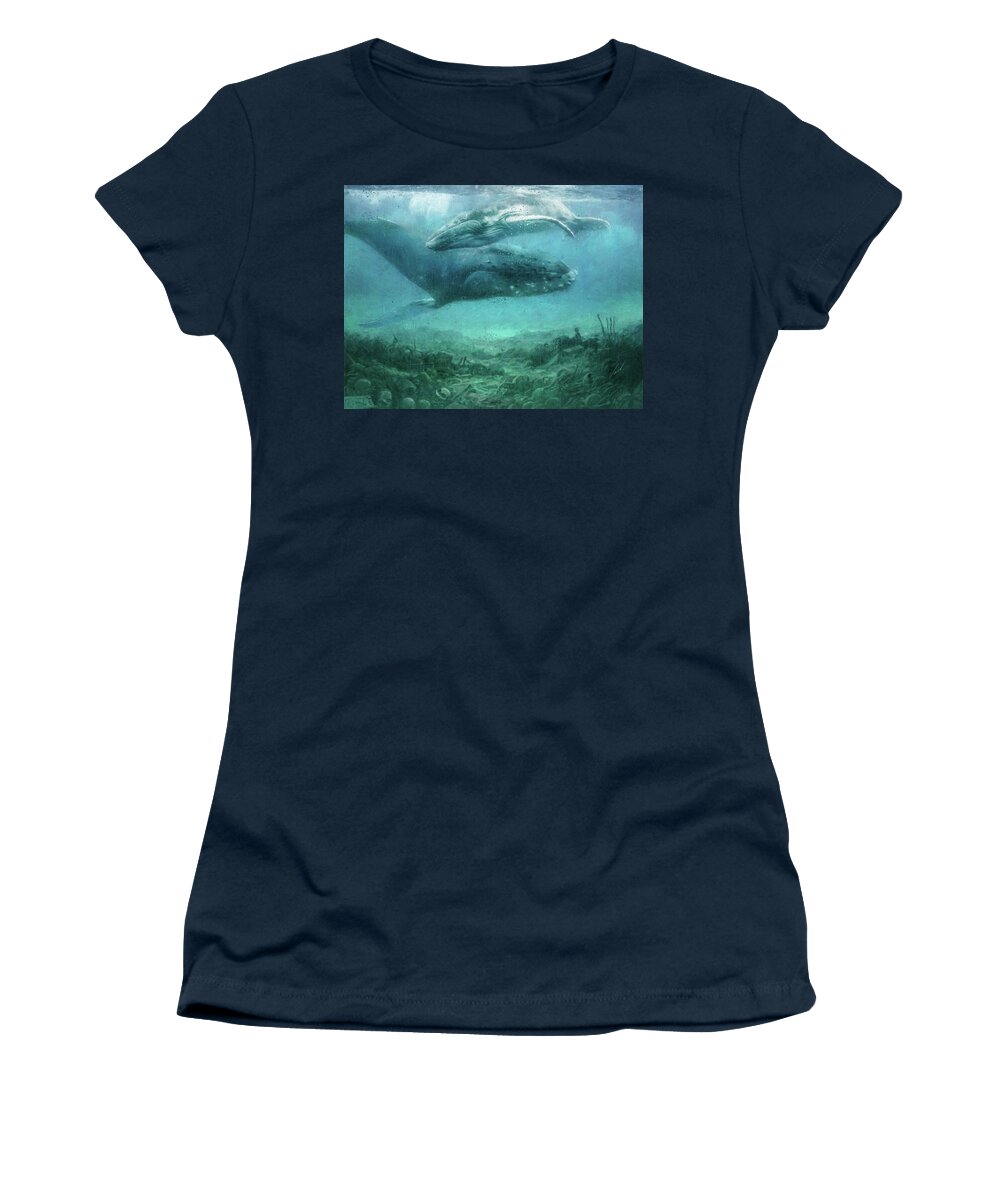 Ocean Women's T-Shirt featuring the painting The silence of the ocean - original artwork by Vart by Vart