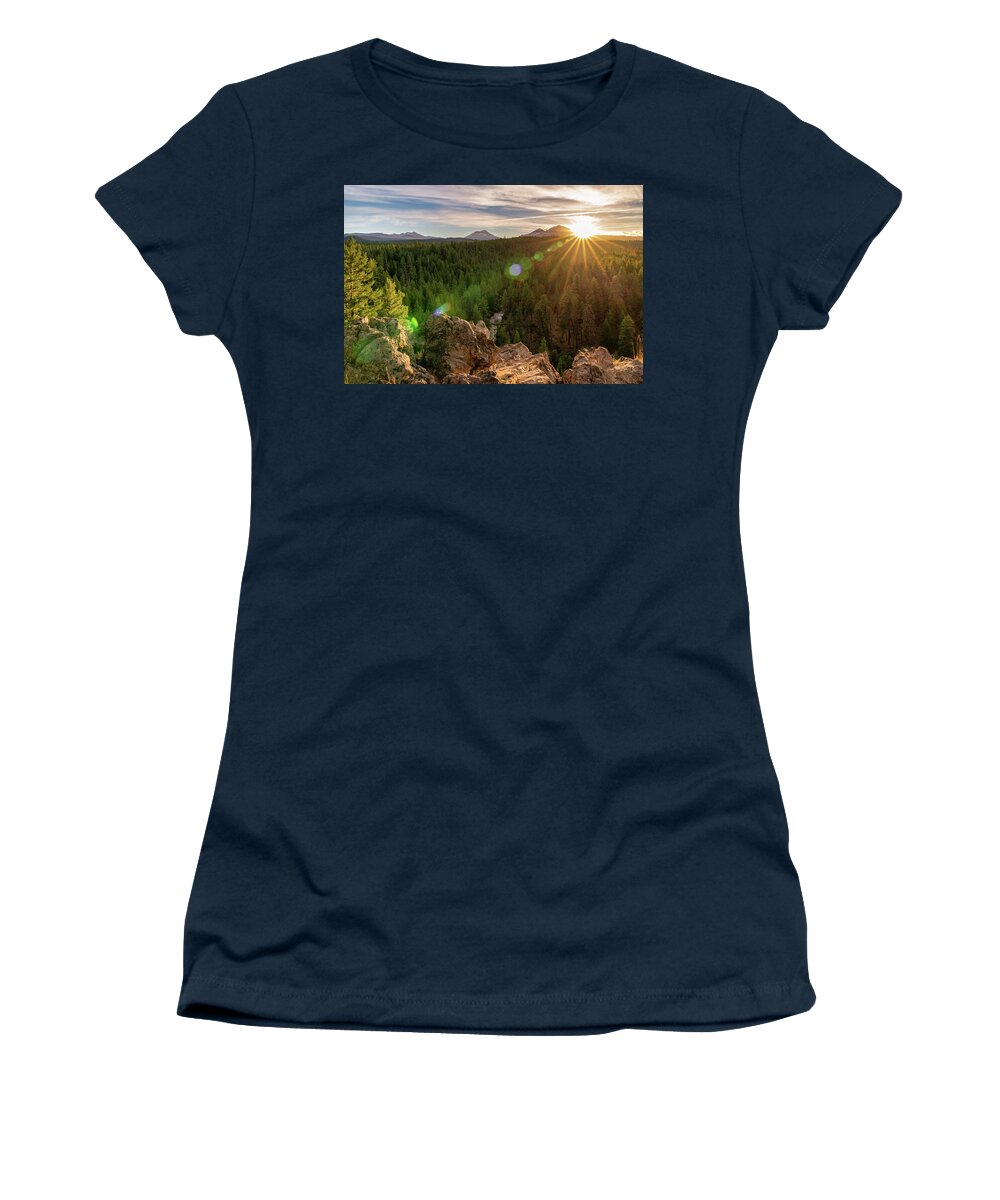 Trees Women's T-Shirt featuring the photograph The Sun Sets Over Three Sisters Mountains in Bend Oregon by Wasim Muklashy